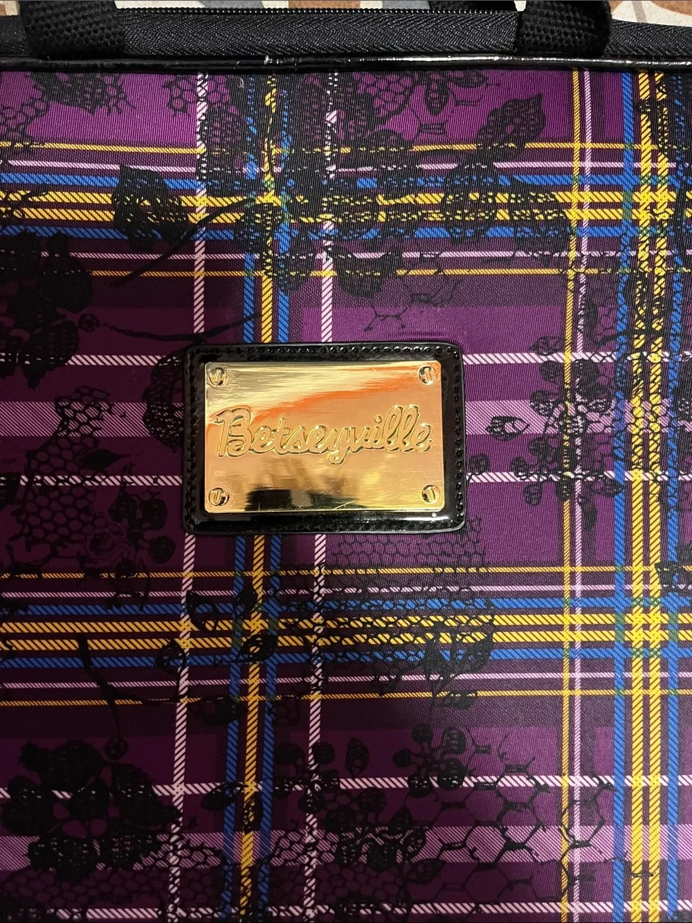 Betsey Johnson Purple Plaid Cosmetic/laptop Padded Case with Gold Plaque